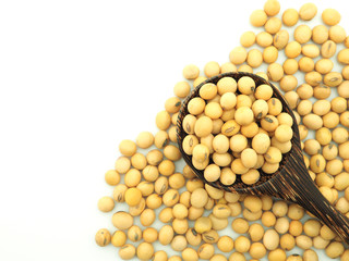 Top view soybeans in wooden spoon isolated on white background