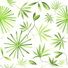 Fototapeta na wymiar Seamless watercolor pattern of fresh young lupine leaves and sprouts