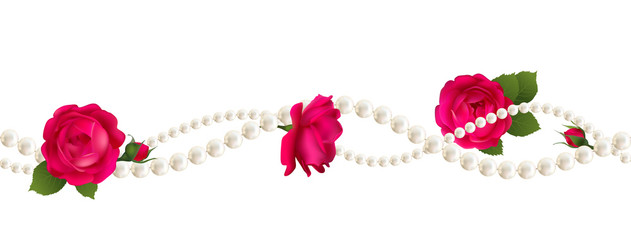 Flowers. Floral background. Pearls. Seamless pattern. Red roses. 