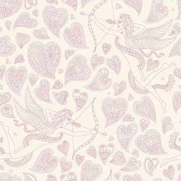 Valentine Day greeting card seamless pattern. Ornate hearts and Angel silhouette. Adults coloring book page. Hand drawn grey pink thin line, beige background. Fantastic batik paint