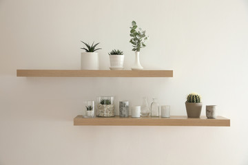 Wooden shelves with plants and decorative elements on light wall