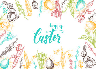 Spring Easter card with hand drawn easter egg, chocolate bunny, lilies of the valley, tulip, snowdrop, crocus, willow. Hand made lettering- Happy Easter 