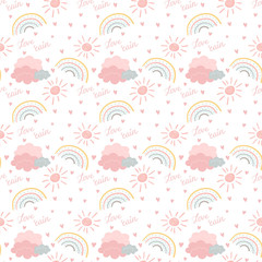 Seamless pattern rainbow, clouds, sun, hearts rain, sky. Vector repeat tile