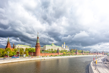 scenic kremlin in moscow city russia famous russian architecture panorama landmark against stormy weather sky background. Ultra wide panoramic view of moscow cityscape. Ancient town skyline landscape