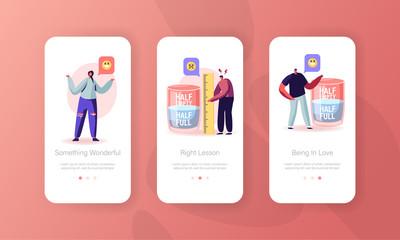 Optimist and Pessimist Mobile App Page Onboard Screen Set. Characters Stand at Huge Water Glass Discussing if it is Half Full or Empty Concept for Website or Web Page, Cartoon Flat Vector Illustration