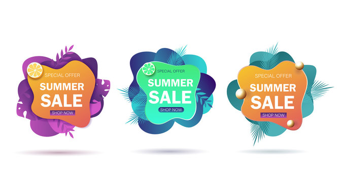 Set summer sale banners. Set bright summer cards with tropical summer leaves, pineapple and slippers. Fun summer quote design summer logo or label. Vector summer illustration