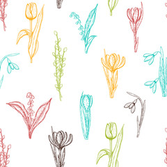 Spring seamless pattern with hand drawn flowers lilies of the valley, willow, tulip, snowdrop, crocus - isolated on white. Pattern can be used for wallpaper, web page background, surface textures.