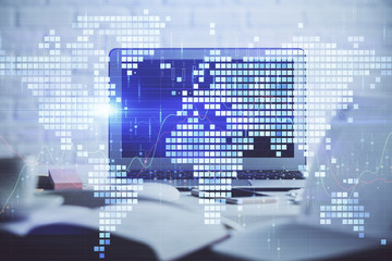 Multi exposure of business theme icons and work space with computer background. Concept of success.