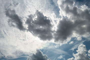 Blue summer sky with some clouds; the sun is hidden behind beautiful white clouds