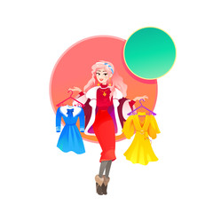 Beautiful Young Women in Clothing Store Holding two Hangers with Dresses and Choosing which Dress to Buy. Girl Trying on Clothes before Buy. Shopping and Shopaholic Vector Illustration Isolated