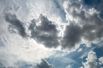 Blue summer sky with some clouds; the sun is hidden behind beautiful white clouds