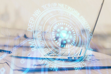 Double exposure of computer and technology theme hologram. Concept of freelance work.