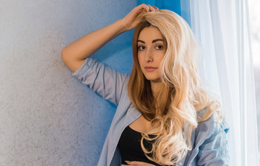 Wigs synthetic and natural hair. Womens beauty concept