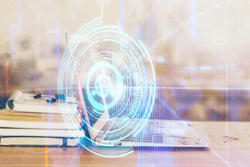 Double exposure of computer and technology theme drawing. Concept of innovation.