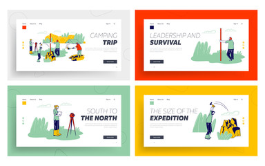 Geological Expedition Website Landing Page Set. Camp at Wild Landscape with Professional Tools, Geologists Exploring Minerals and Ore Samples Web Page Banner. Cartoon Flat Vector Illustration Line Art