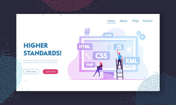 Software Development Website Landing Page. Programmers Make Site, Designer Developer Social Media Wireframe Front End Html Programming, Java Coding Web Page Banner. Cartoon Flat Vector Illustration