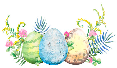 Easter floral composition with red and yellow flowers and eggs. Flower bouquet, watercolor illustration