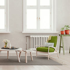 Mock up living room with two tables and green chair in modern interior background, apartment with large windows and radiator, Scandinavian style, 3D render, 3D illustration