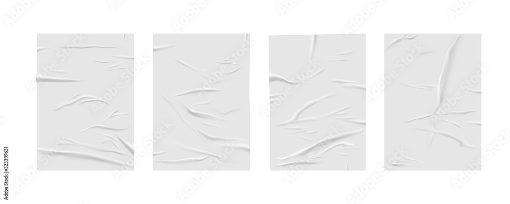 Poster glued paper wrinkled effect, vector realistic background. badly wet glued paper or gray adhesive foi