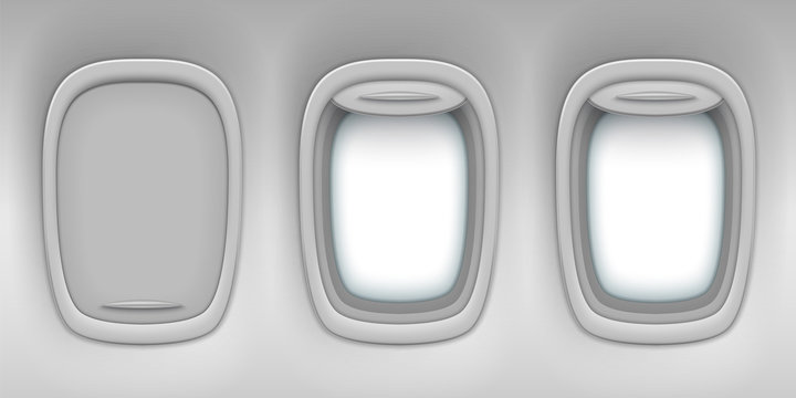 Airplane window potholes with open and closed shutters, vector background. Realistic aircraft interior with transparent portholes, flight journey, aviation and air travel illustration