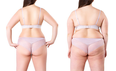 Woman's body before and after weight loss isolated on white background