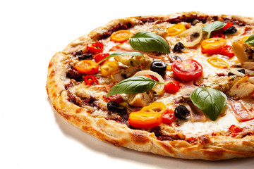 Pizza with ham and artichoke on white background