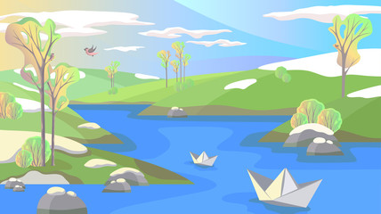 Fototapeta na wymiar Vector illustration in trendy flat simple style - spring and summer background with trees, meadows, river, paper boats, singing birds, blue sky and clouds, background for banner, card, poster and adve