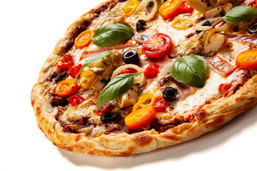 Pizza with ham and artichoke on white background