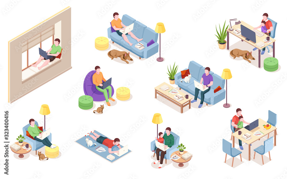 Poster Set of office employee at workplace, man working with notebook and computer. Freelancer doing remote job near cat, dog, pet. Male on windowsill, carpet, sofa. Profession, job, freelance worker