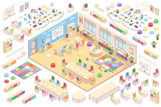 Kindergarten interior constructor, isometric vector elements of furniture, education supplements and toys. Kindergarten isometry cross-section details of playroom table, chair, blackboard and shelves
