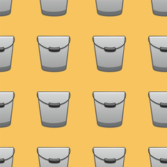 Cartoon style metal buckets for cleaning seamless pattern on yellow background