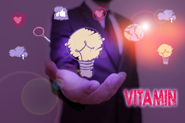 Text sign showing Vitamin. Business photo showcasing group of organic compounds which are essential...