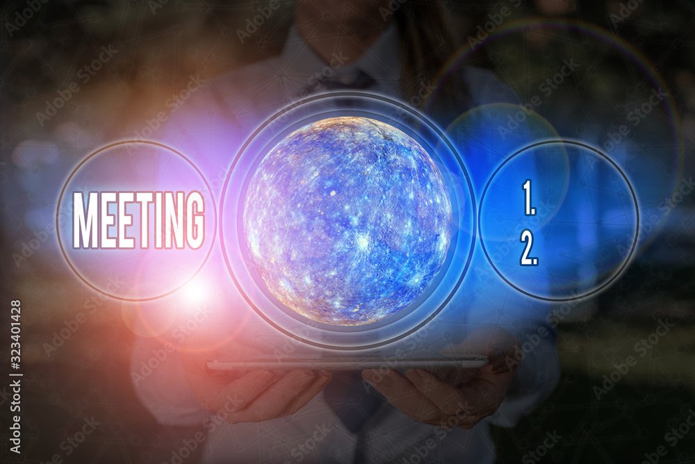 Poster word writing text meeting. business photo showcasing assembly of showing for a particular purpose or