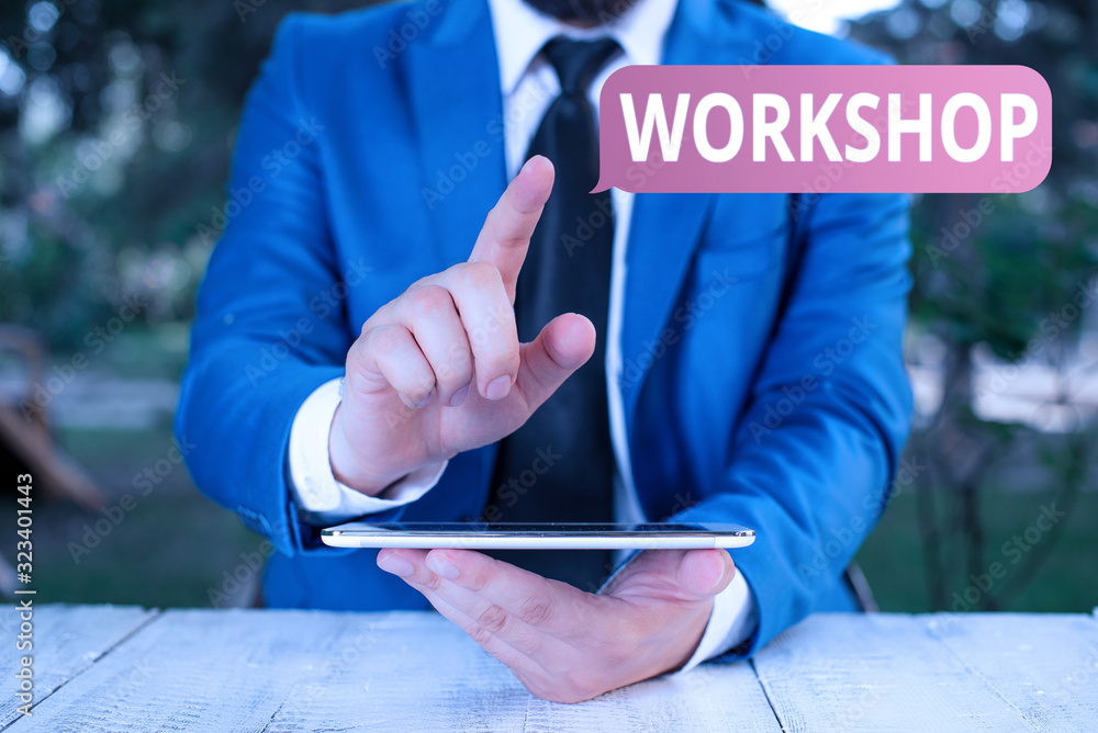 Poster writing note showing workshop. business concept for room or building in which goods are analysisufac