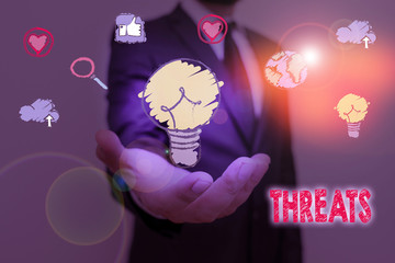 Text sign showing Threats. Business photo showcasing Statement of an intention to inflict pain...