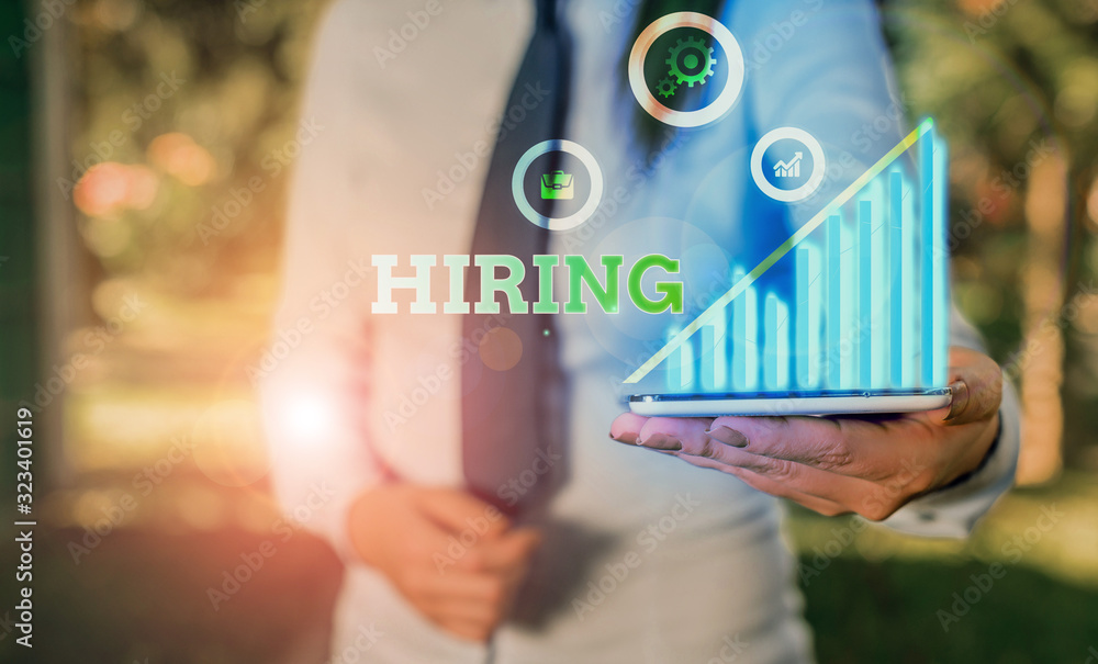 Poster writing note showing hiring. business concept for finding and establishing a working relationship wi