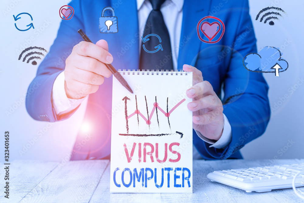 Aufkleber writing note showing virus computer. business concept for malicious software program loaded onto a u
