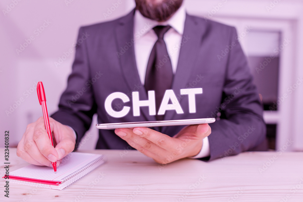 Poster word writing text chat. business photo showcasing take part in a discussion that involves sending me