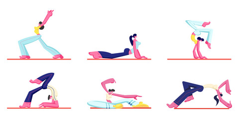 Fototapeta na wymiar Set of People Workout. Young Athletic Man and Women Wearing Sports Clothing Doing Gymnastic, Fitness and Yoga Exercises on Mats. Healthy Lifestyle Activity, Sport Cartoon Flat Vector Illustration
