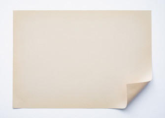 Retro Beige Blank Sheet of Paper with Folded Corner on Empty White Background