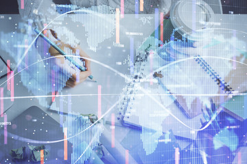 International business hud over woman's hands writing background. Concept of hard work. Double exposure