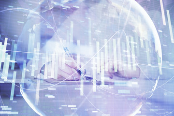 International business hud over woman's hands writing background. Concept of hard work. Double exposure