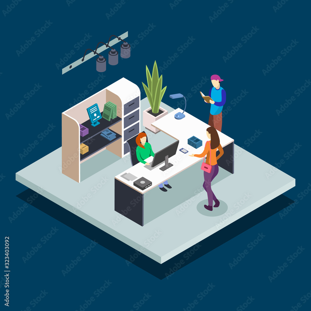 Poster library reception isometric color vector illustration. librarian at desk. bookstore administrator. s