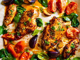 Sheet-pan barbecue chicken breasts with roast vegetables