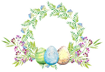 Easter floral wreath with violet flowers, branches, leaves and eggs. Bouquet of flowers, watercolor illustration.