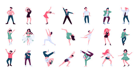 Fototapeta na wymiar People dancing flat color vector faceless characters set. Ballet, hip hop male and female dancers. Historical and contemporary dance styles isolated cartoon illustrations on white background