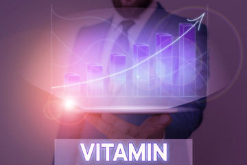 Writing note showing Vitamin. Business concept for group of organic compounds which are essential...