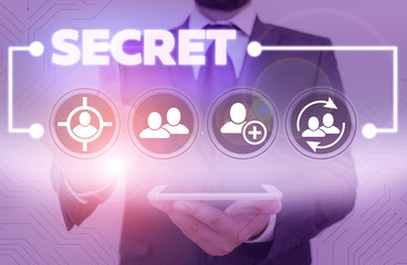 Word writing text Secret. Business photo showcasing something that is kept or meant to be kept...