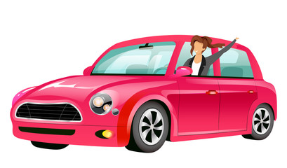 Girl driving pink mini cooper flat color vector faceless character. Smiling young lady in car isolated cartoon illustration for web graphic design and animation. Happy woman on road trip