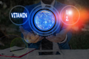 Text sign showing Vitamin. Business photo text group of organic compounds which are essential for...